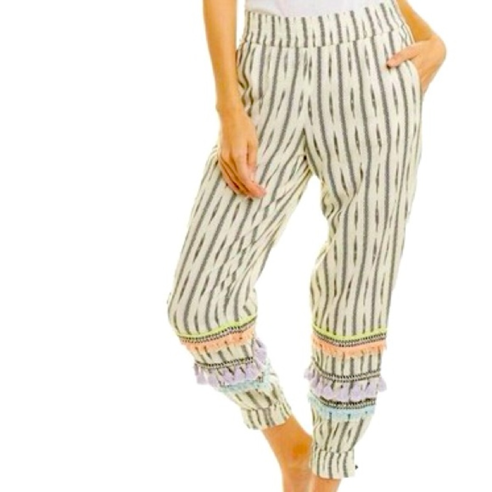 Alice + Olivia Tassel Fringe Ikat Boho 100% Cotton Jogger Pants, NWT Sz XL